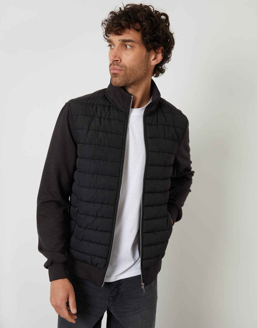 Black Quilted Hybrid Funnel Neck Jacket