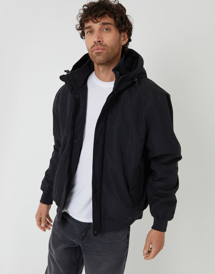 Black Microfleece Lined Hooded Lightweight Jacket