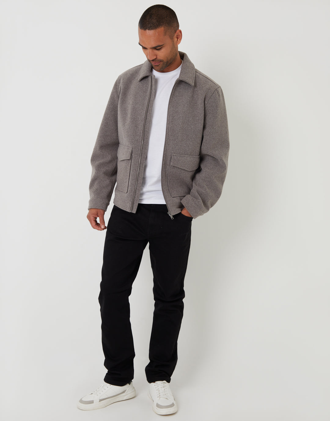 Taupe Faux Wool Collared Lightweight Utility Jacket