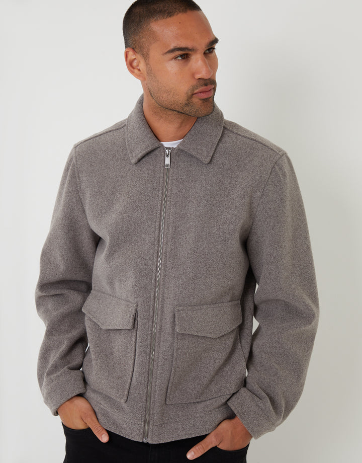 Taupe Faux Wool Collared Lightweight Utility Jacket