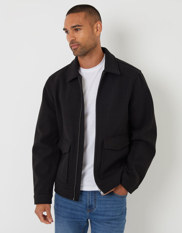 Black Faux Wool Collared Lightweight Utility Jacket
