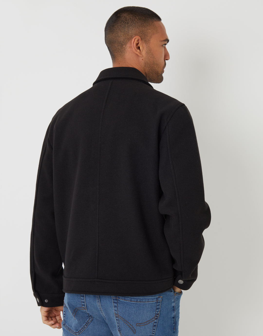 Black Faux Wool Collared Lightweight Utility Jacket