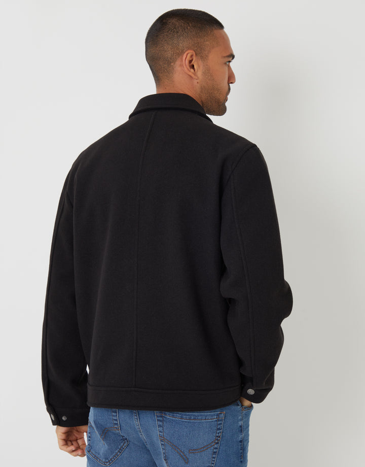 Black Faux Wool Collared Lightweight Utility Jacket