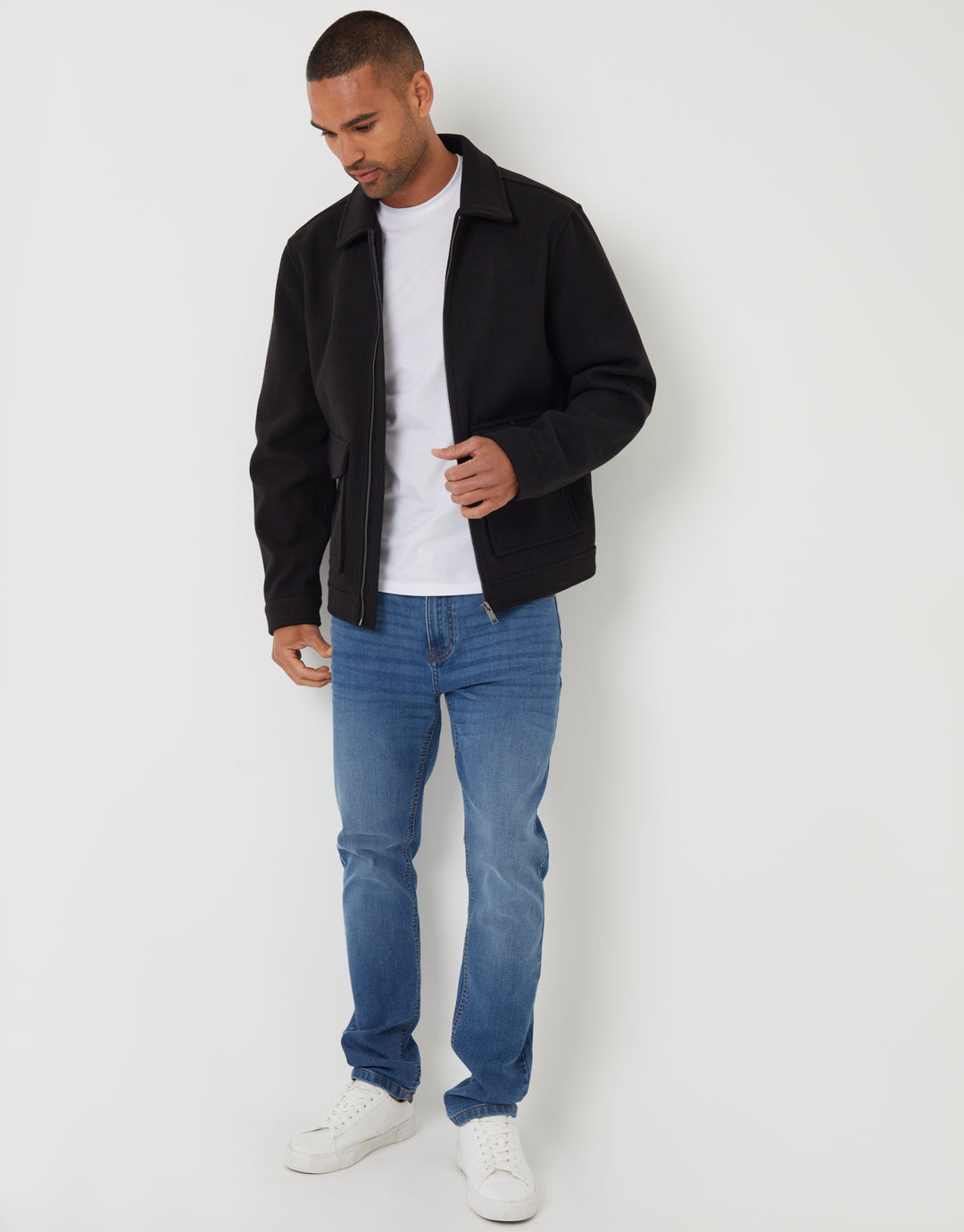 Black Faux Wool Collared Lightweight Utility Jacket