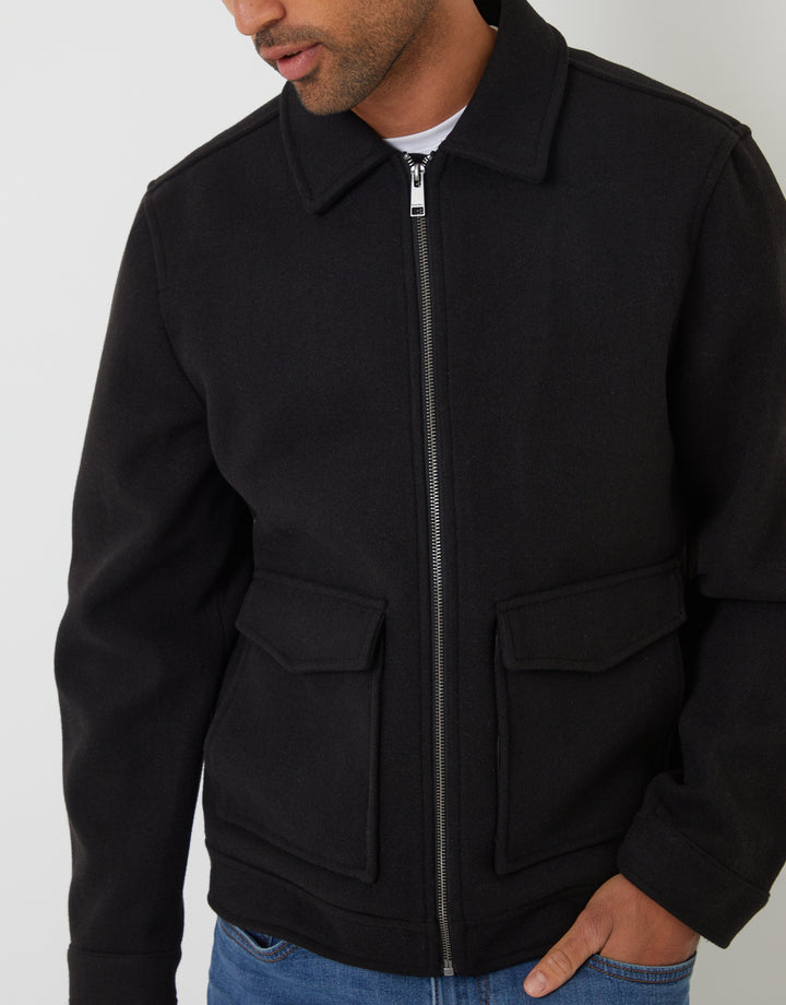 Black Faux Wool Collared Lightweight Utility Jacket