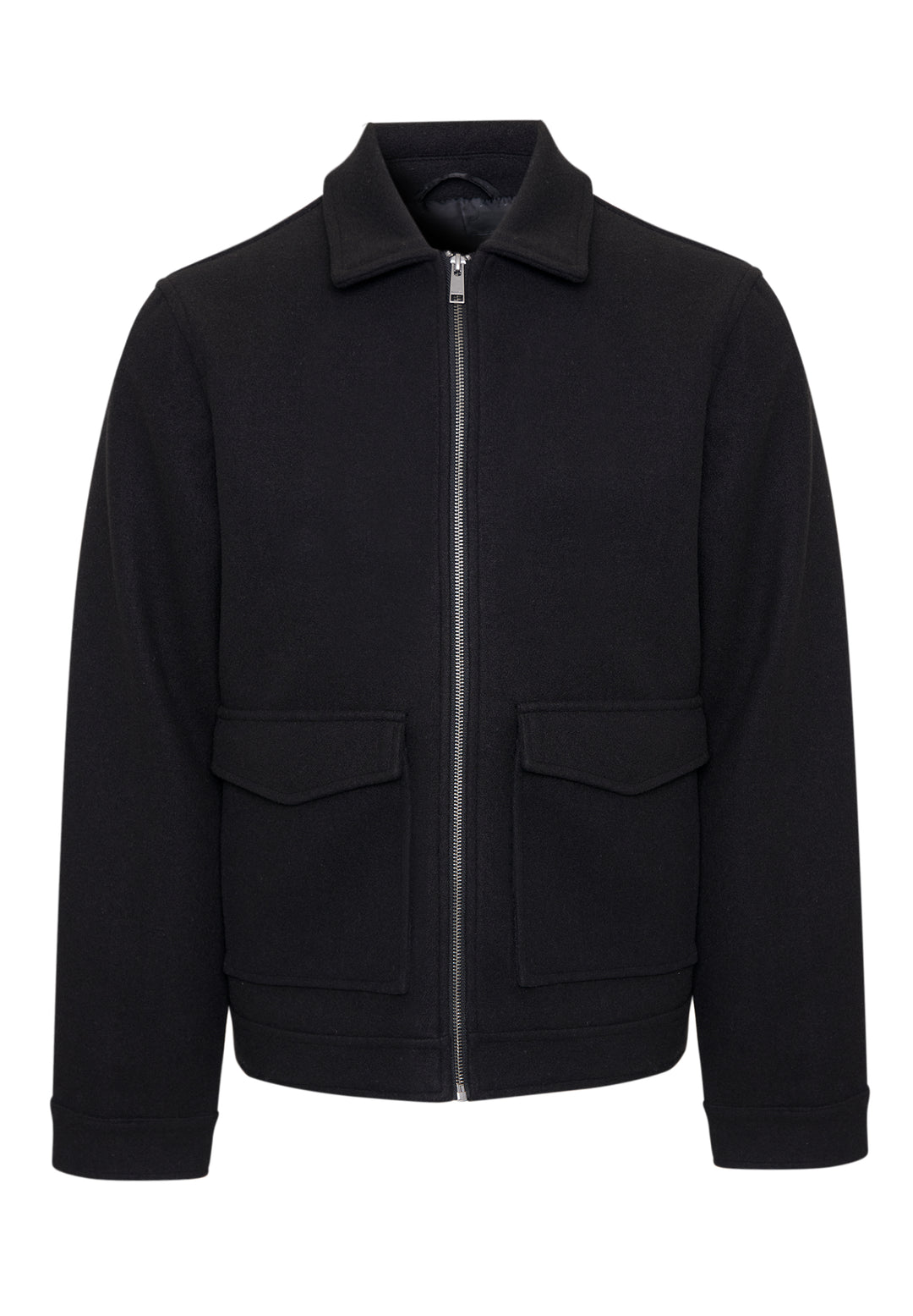 Black Faux Wool Collared Lightweight Utility Jacket