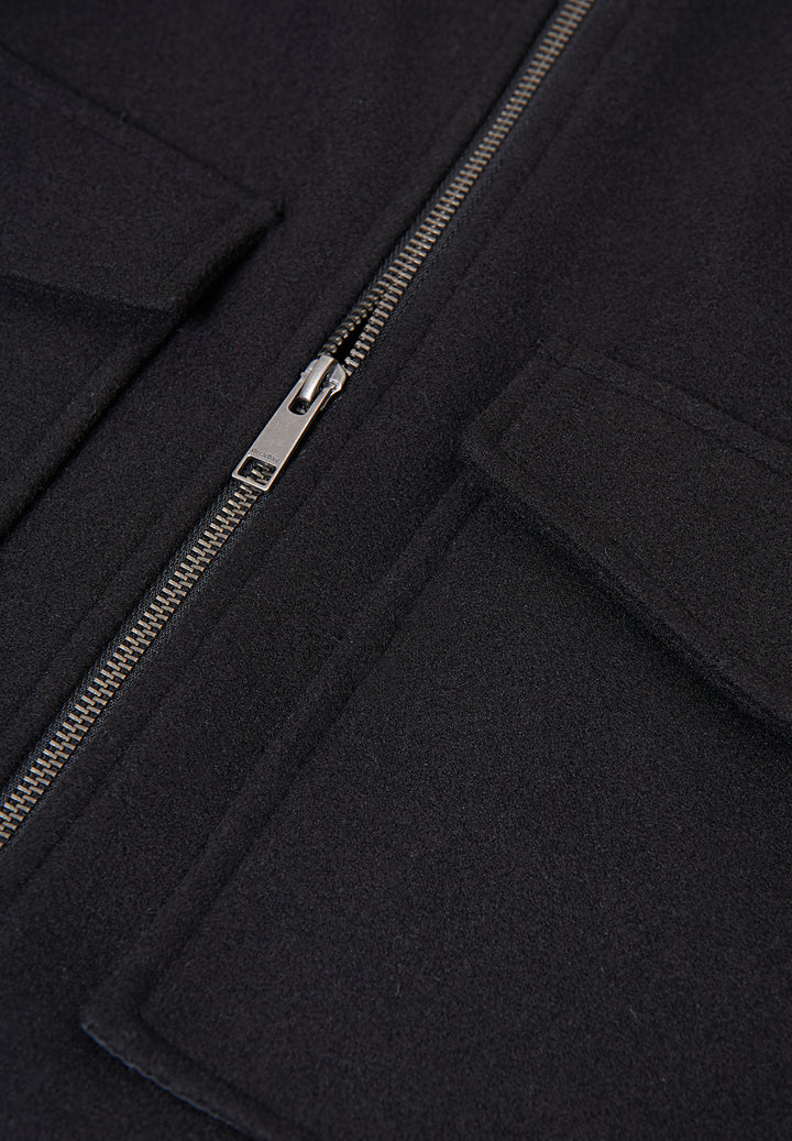 Black Faux Wool Collared Lightweight Utility Jacket