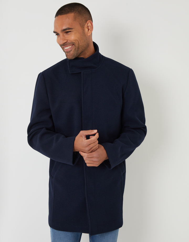Navy Longline Faux Wool Funnel Neck Coat
