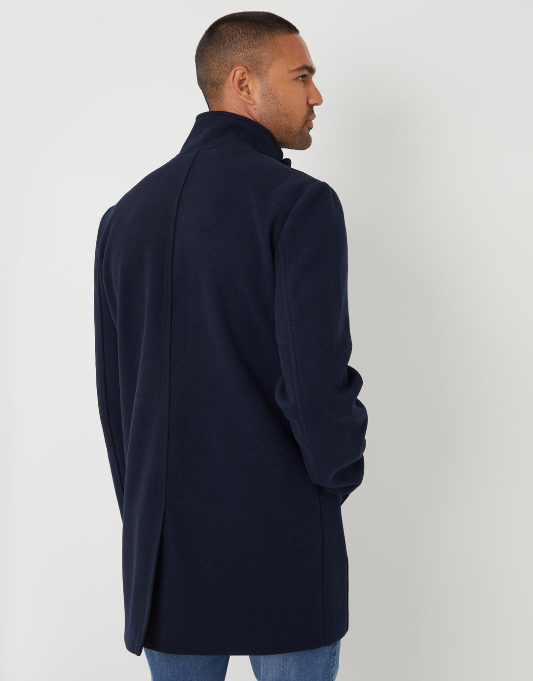 Navy Longline Faux Wool Funnel Neck Coat