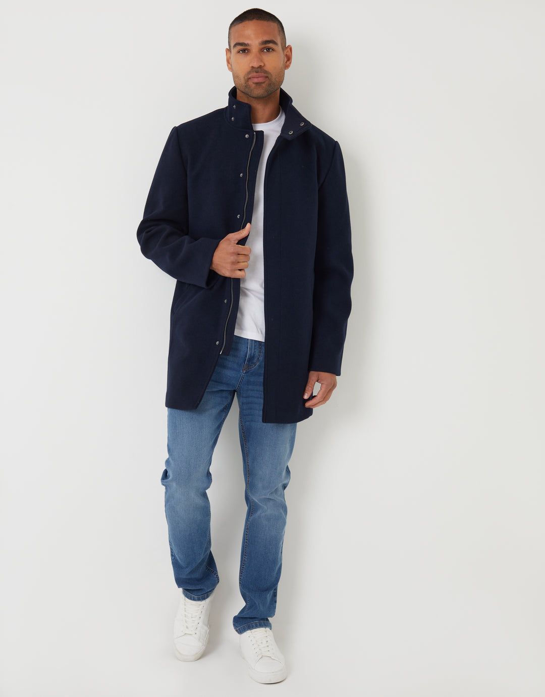 Navy Longline Faux Wool Funnel Neck Coat