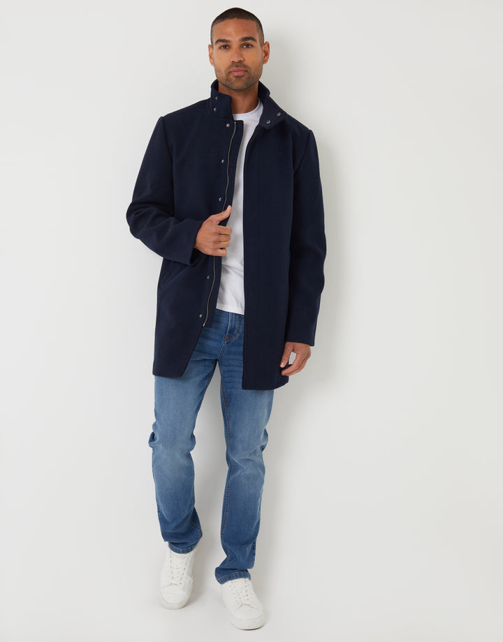 Navy Longline Faux Wool Funnel Neck Coat