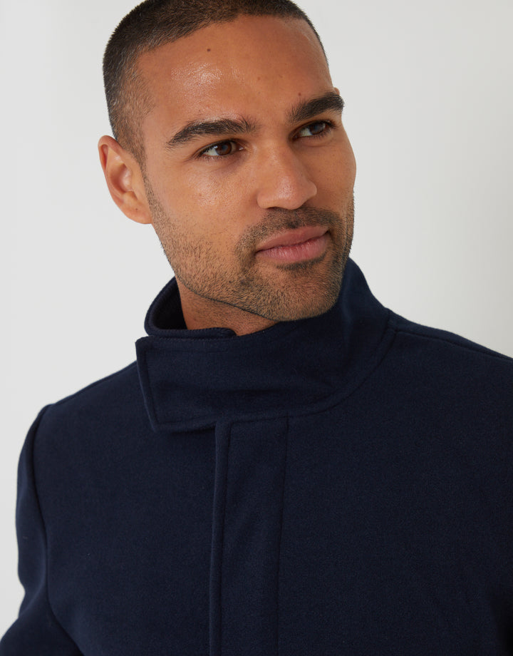 Navy Longline Faux Wool Funnel Neck Coat