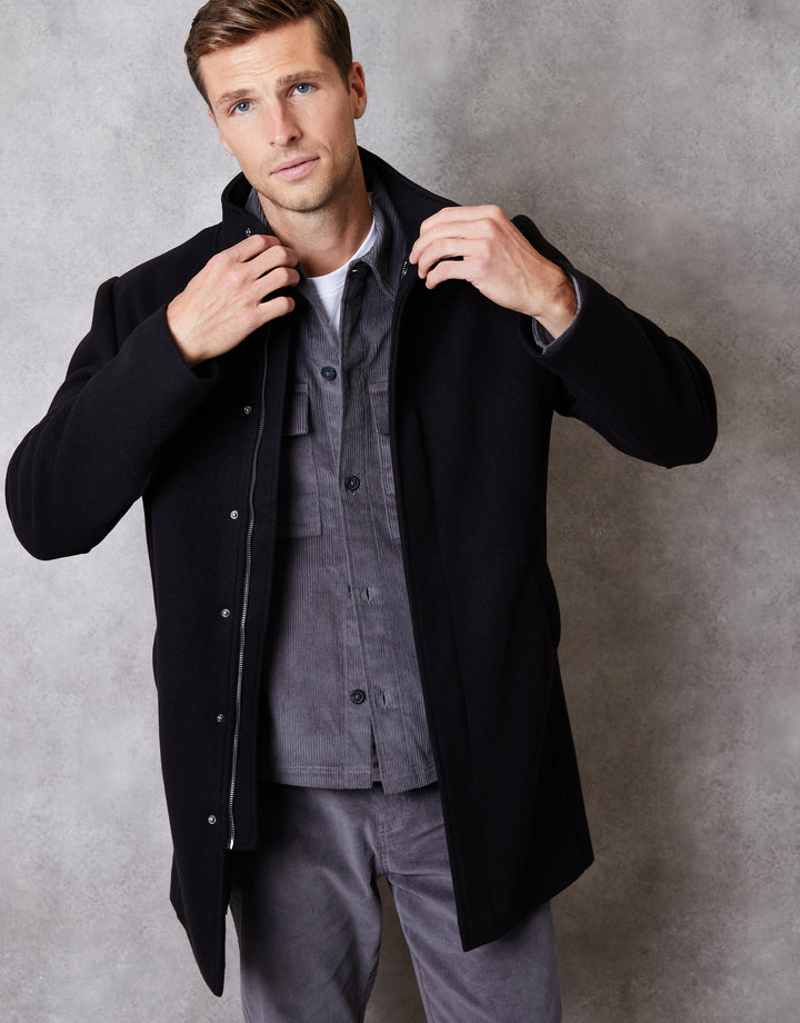 Black Longline Faux Wool Funnel Neck Coat