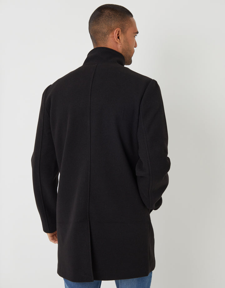 Black Longline Faux Wool Funnel Neck Coat
