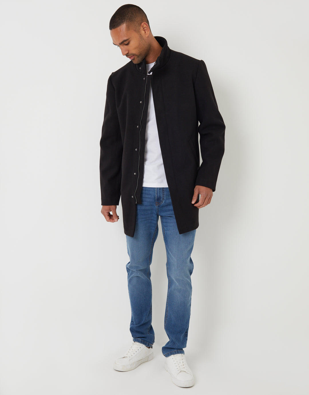 Black Longline Faux Wool Funnel Neck Coat