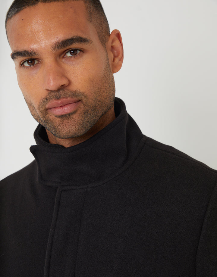 Black Longline Faux Wool Funnel Neck Coat