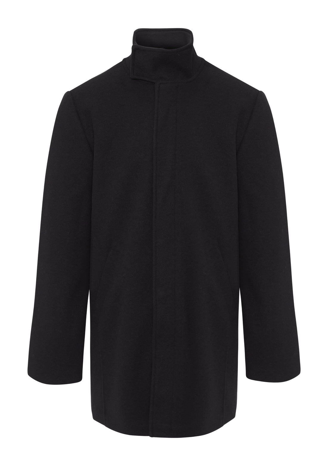 Black Longline Faux Wool Funnel Neck Coat