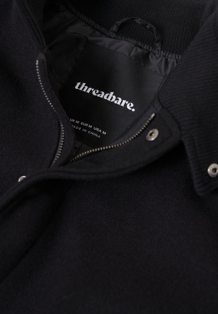 Black Longline Faux Wool Funnel Neck Coat