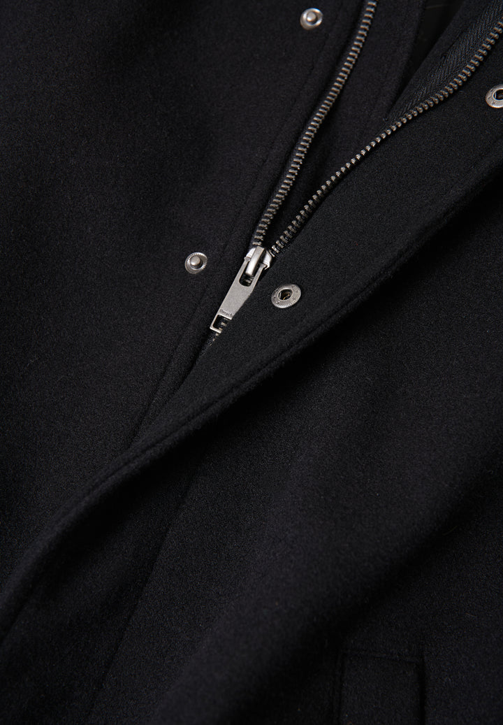 Black Longline Faux Wool Funnel Neck Coat