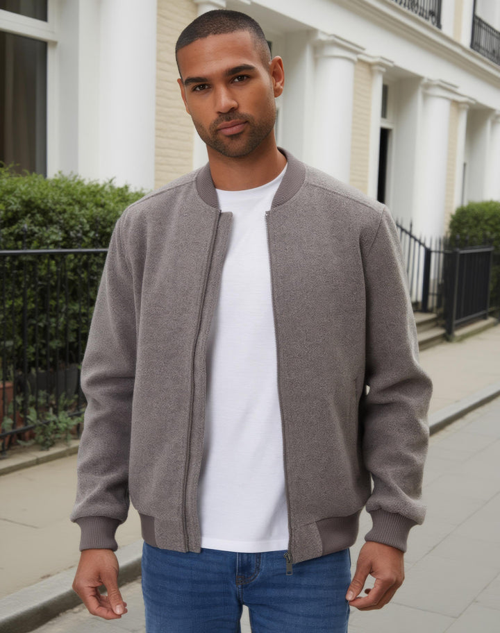 Taupe Faux Wool Bomber Jacket