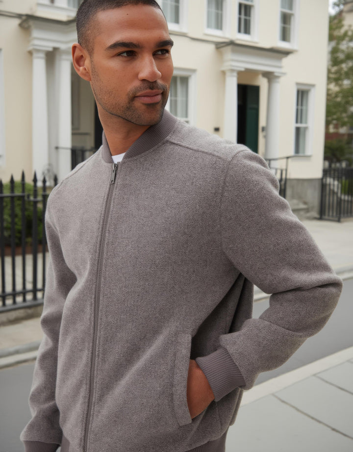 Taupe Faux Wool Bomber Jacket