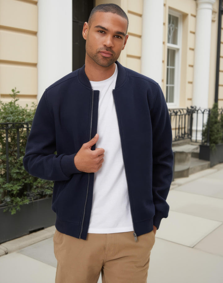 Navy Faux Wool Bomber Jacket