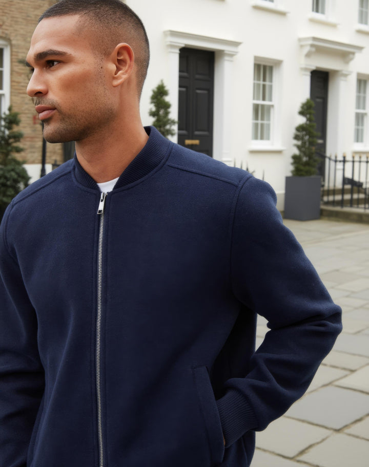 Navy Faux Wool Bomber Jacket