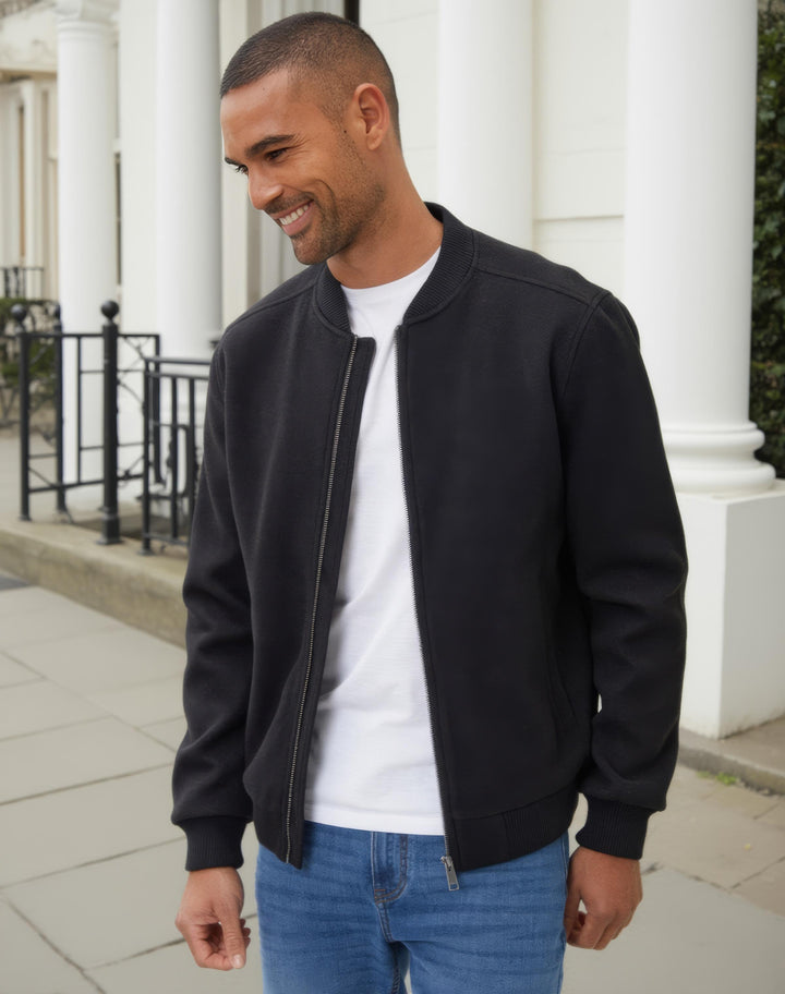Black Faux Wool Bomber Jacket