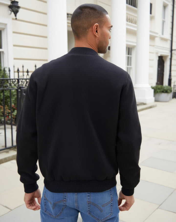 Black Faux Wool Bomber Jacket