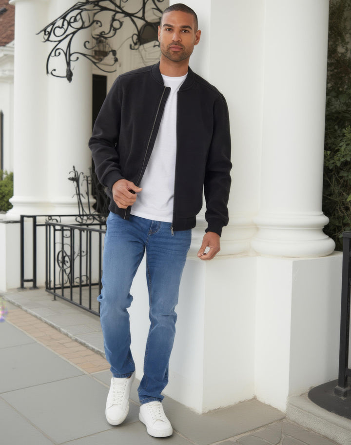 Black Faux Wool Bomber Jacket