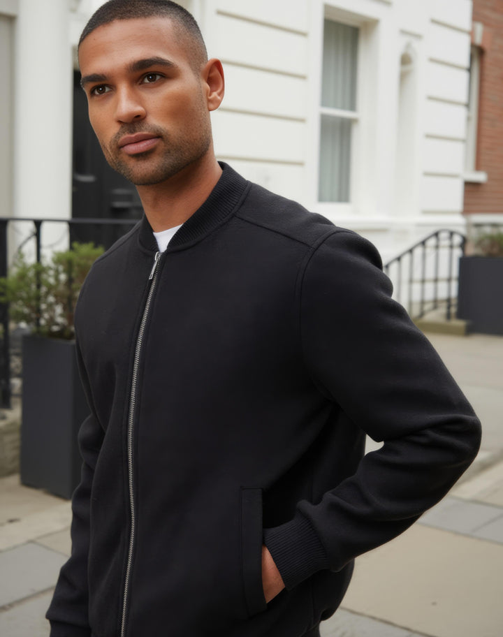 Black Faux Wool Bomber Jacket