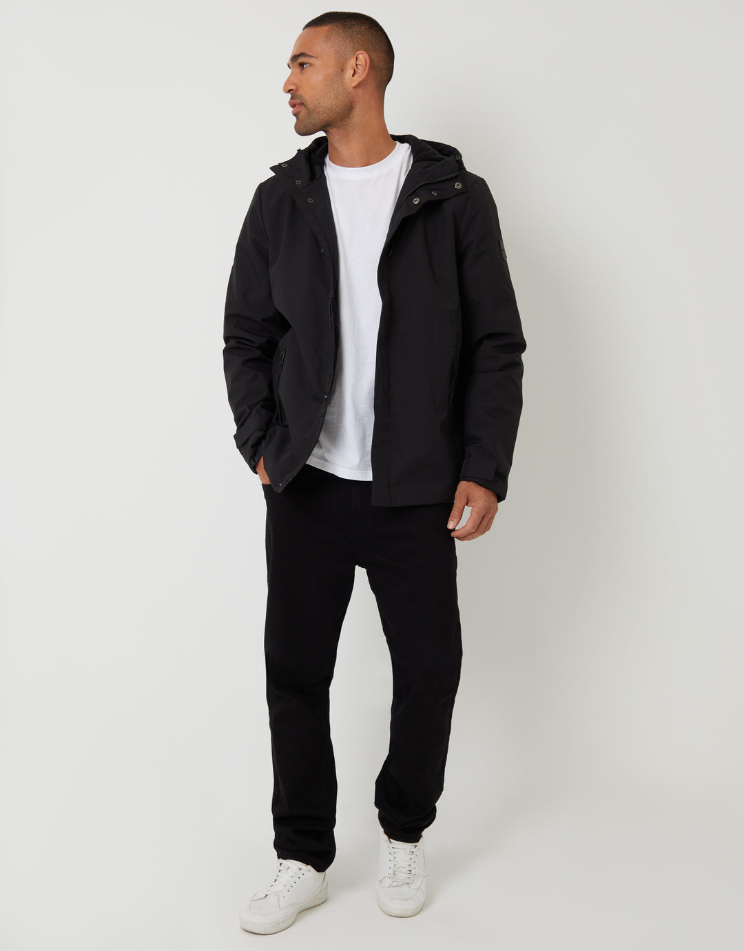 Black Showerproof Hooded Microfleece Lined Jacket