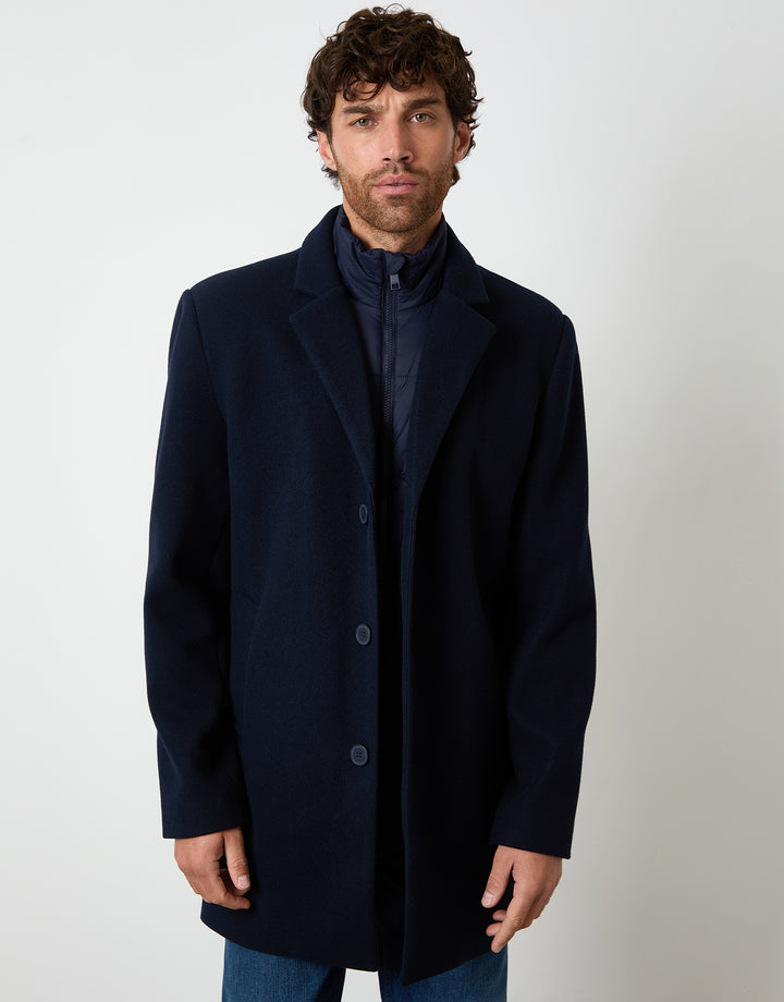 Navy Faux Wool Mock Layer Longline Mac
