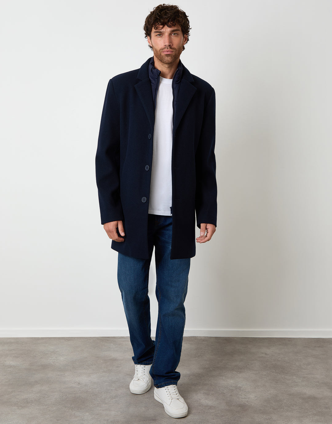 Navy Faux Wool Mock Layer Longline Mac