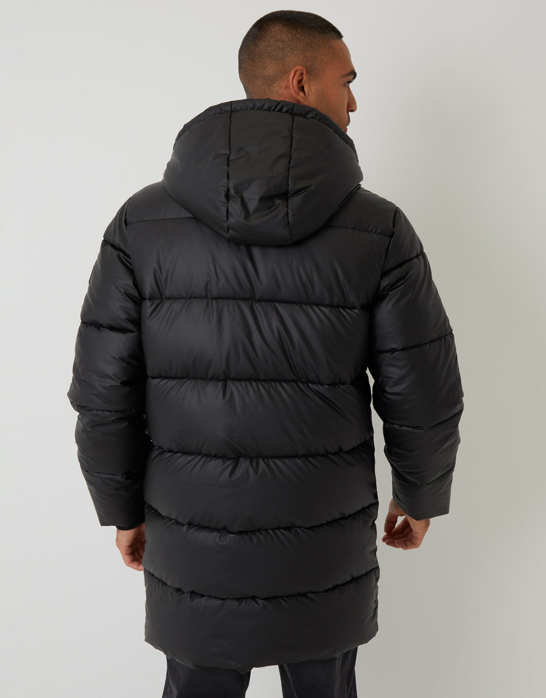 Black Showerproof PU Longline Puffer Coat