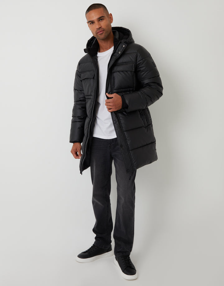 Black Showerproof PU Longline Puffer Coat
