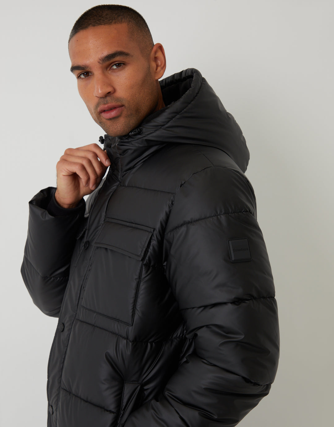 Black Showerproof PU Longline Puffer Coat