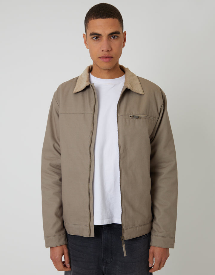 Mushroom Brown Lightweight Cotton Canvas Jacket With Corduroy Collar