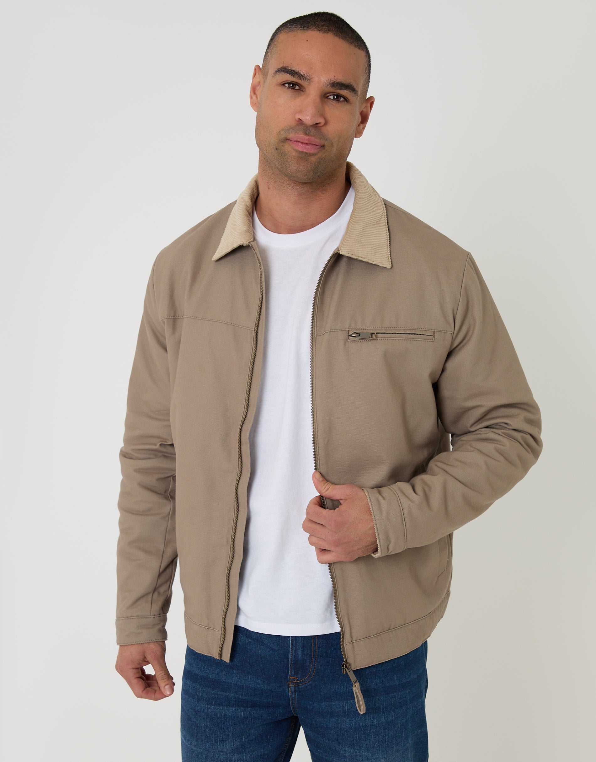 Lightweight Cotton Canvas Jacket With Corduroy Collar in Mushroom Brown