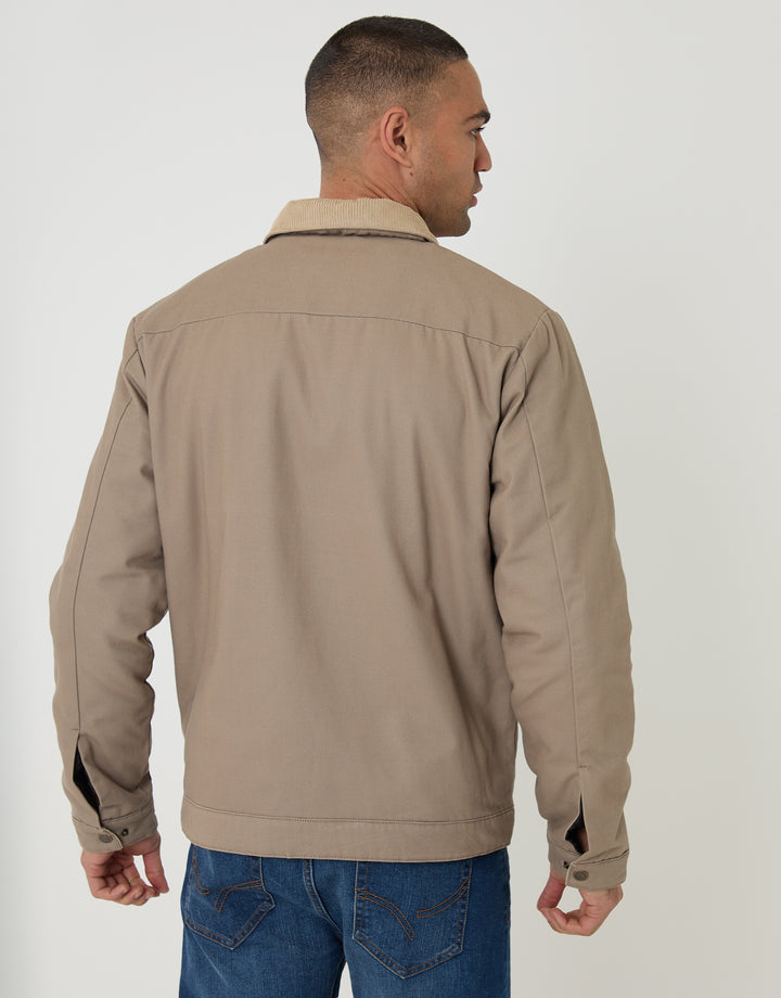 Threadbare Lightweight Cotton Canvas Jacket With Corduroy Collar in Mushroom Brown - back view