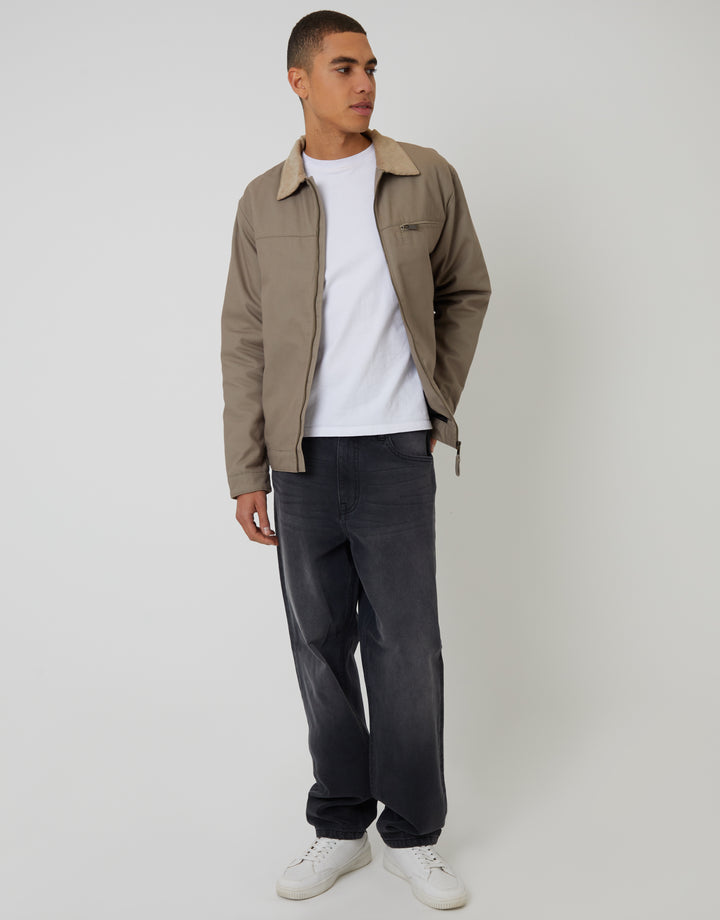 Mushroom Brown Lightweight Cotton Canvas Jacket With Corduroy Collar