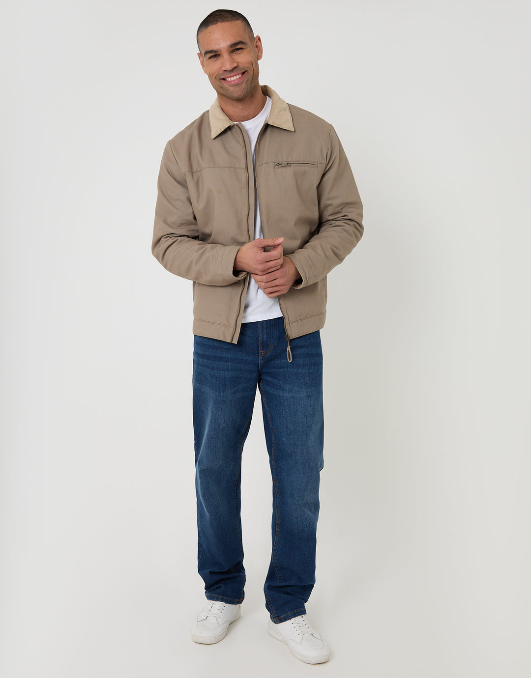 Threadbare Lightweight Cotton Canvas Jacket With Corduroy Collar in Mushroom Brown - full body