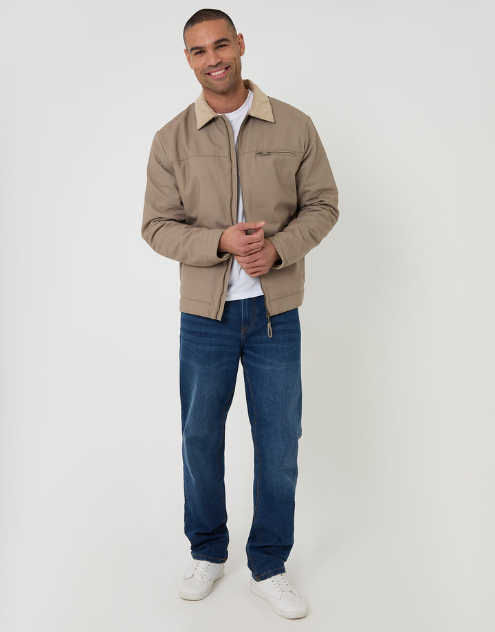 Threadbare Lightweight Cotton Canvas Jacket With Corduroy Collar in Mushroom Brown - full body