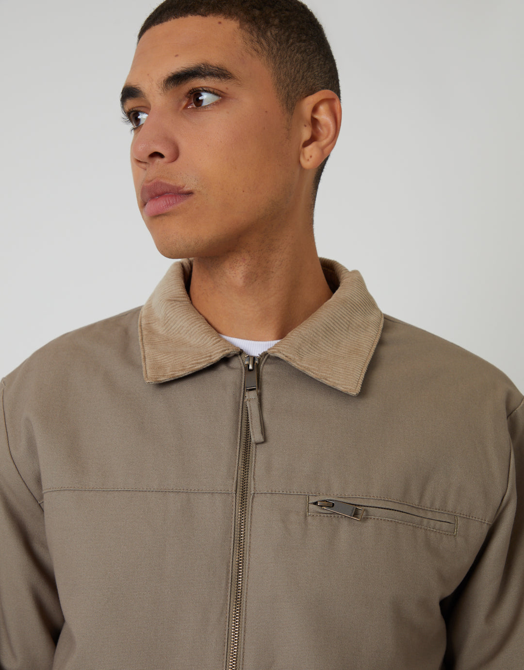 Mushroom Brown Lightweight Cotton Canvas Jacket With Corduroy Collar