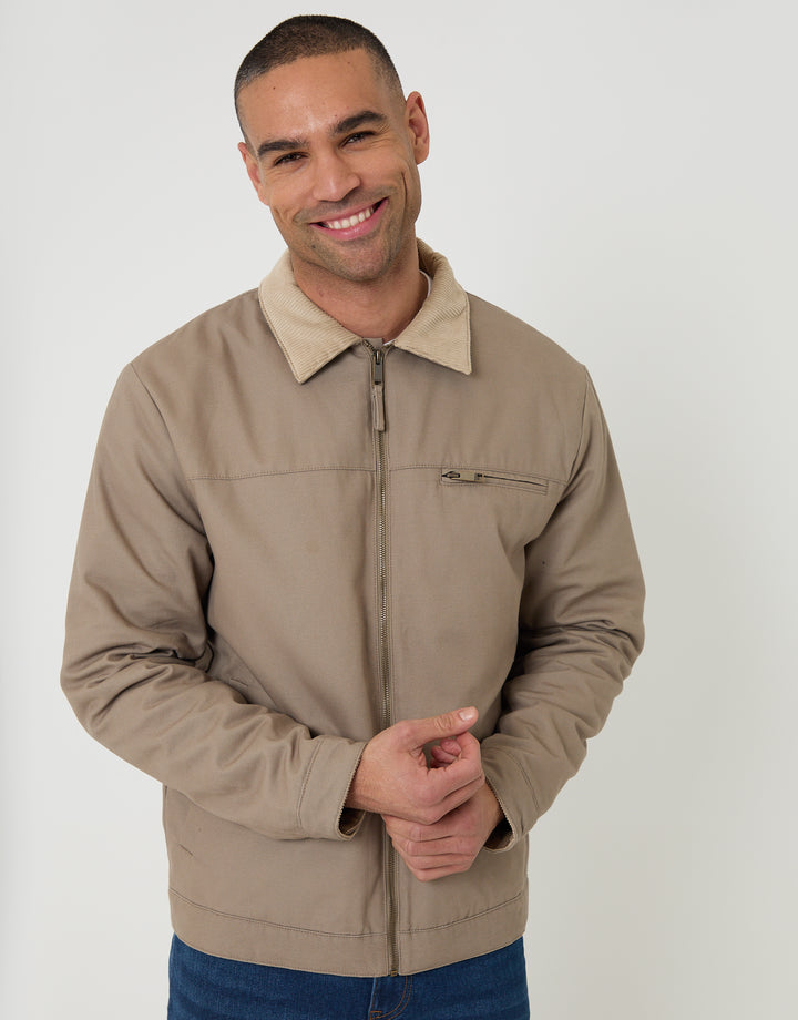 Threadbare Lightweight Cotton Canvas Jacket With Corduroy Collar in Mushroom Brown - front view, zipped up