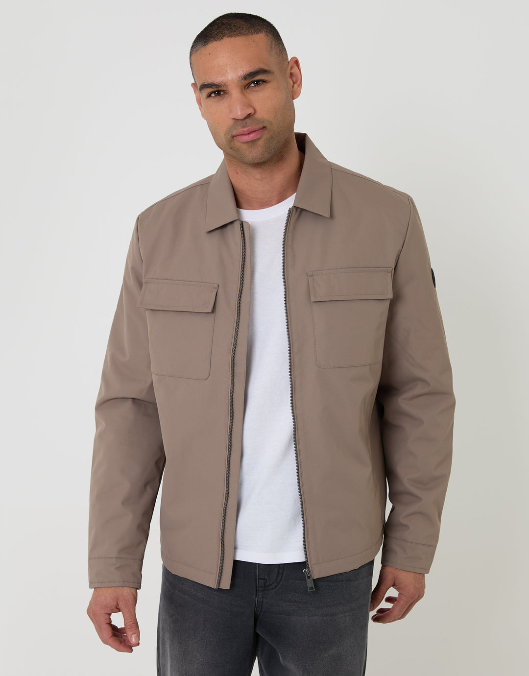 Threadbare Showerproof Lightweight Collared Zip Up Jacket in Taupe - front view, worn open