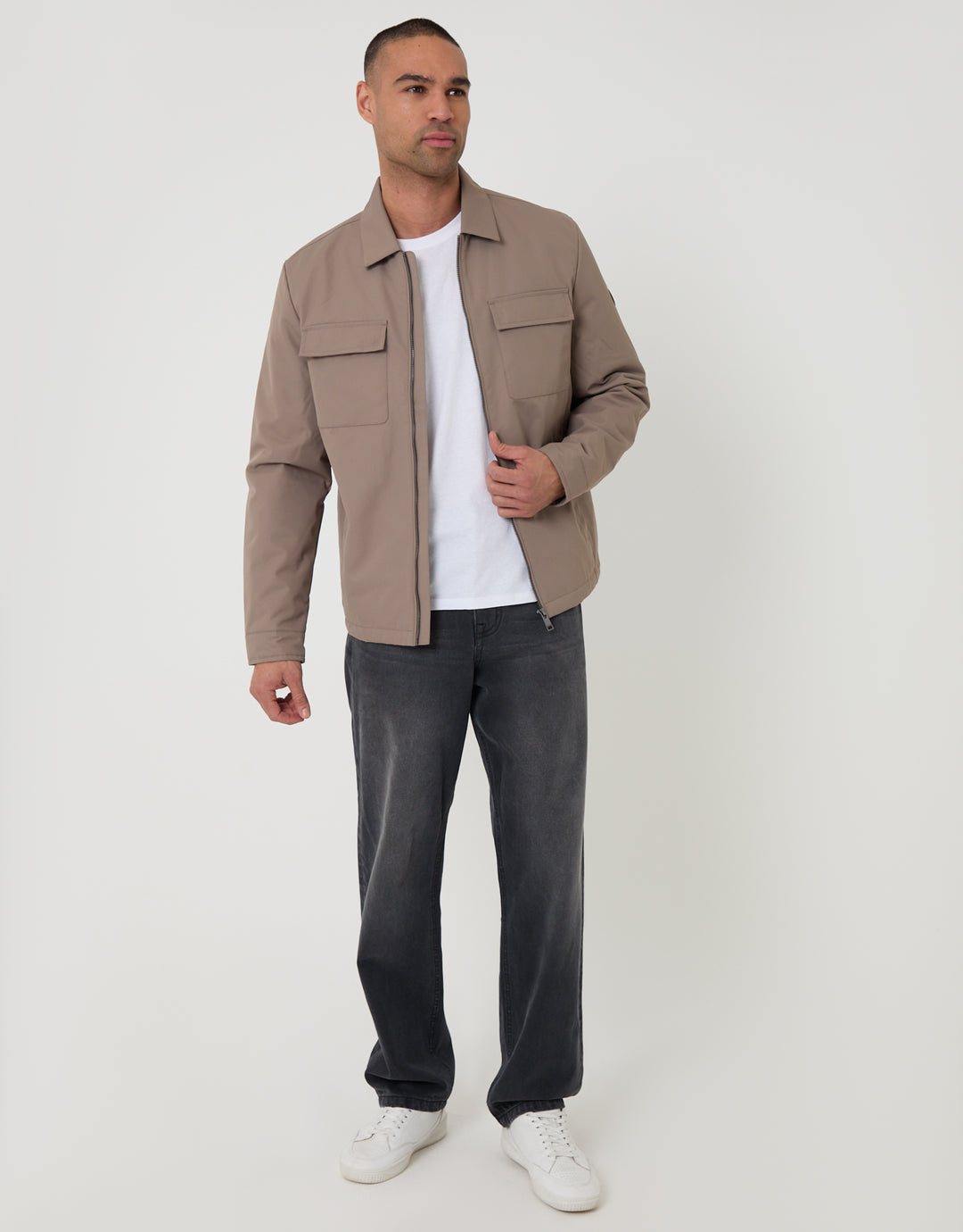 Threadbare Showerproof Lightweight Collared Zip Up Jacket in Taupe - full body