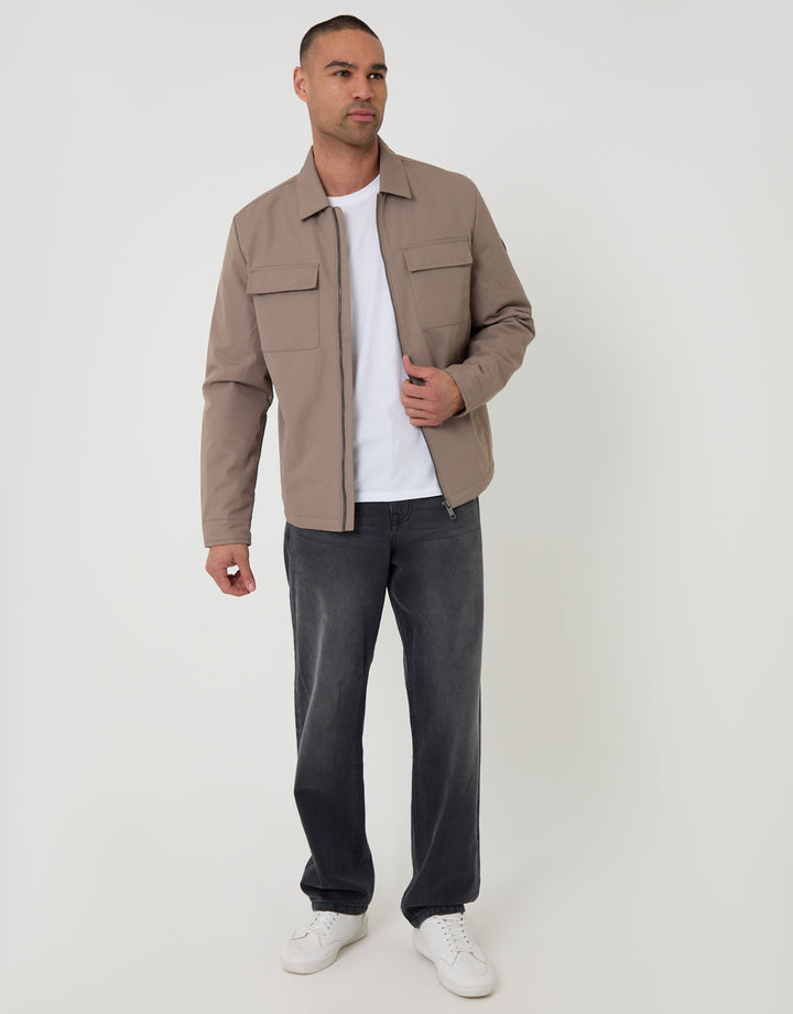 Threadbare Showerproof Lightweight Collared Zip Up Jacket in Taupe - full body