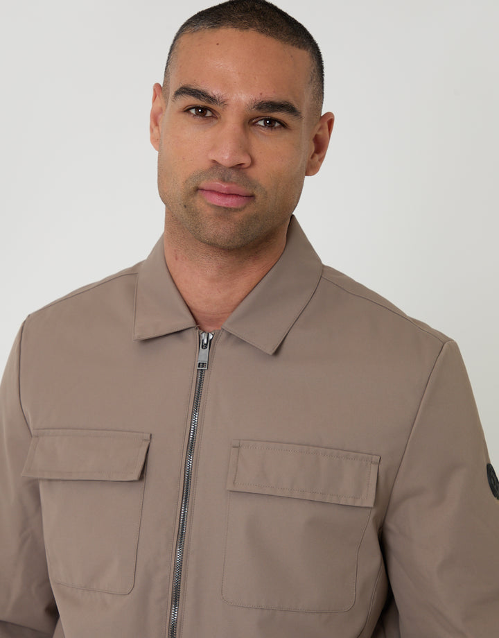 Threadbare Showerproof Lightweight Collared Zip Up Jacket in Taupe - collar close up