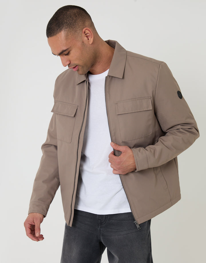 Threadbare Showerproof Lightweight Collared Zip Up Jacket in Taupe - front view